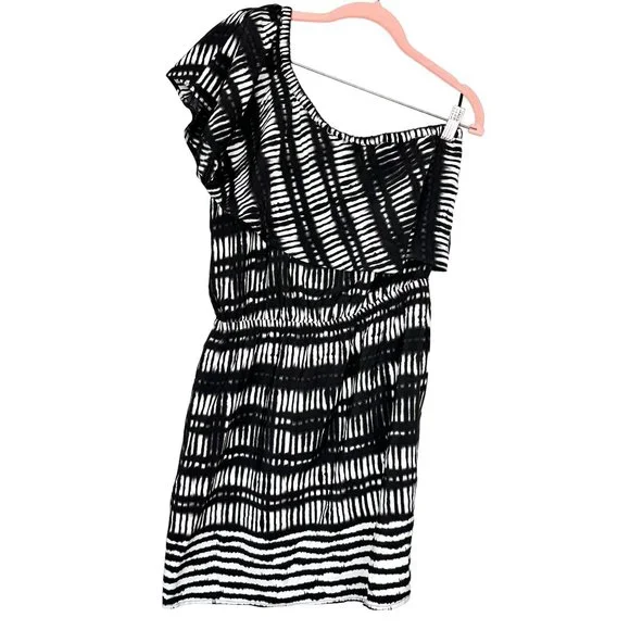 open lace back dress Berylove Women Black White Graduation Dress A Line Ruffle One Shoulder Homecoming Dress, Black & White / US16 main image 1